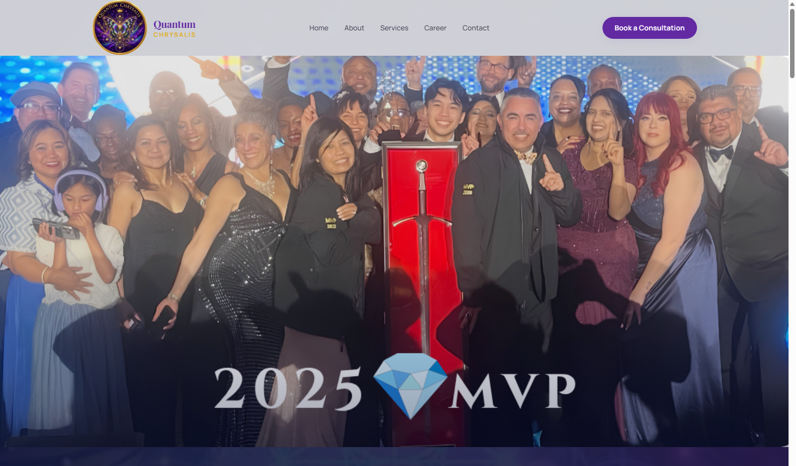 Quantum Chrysalis homepage hero, showing the brand's recognition photo and primary navigation