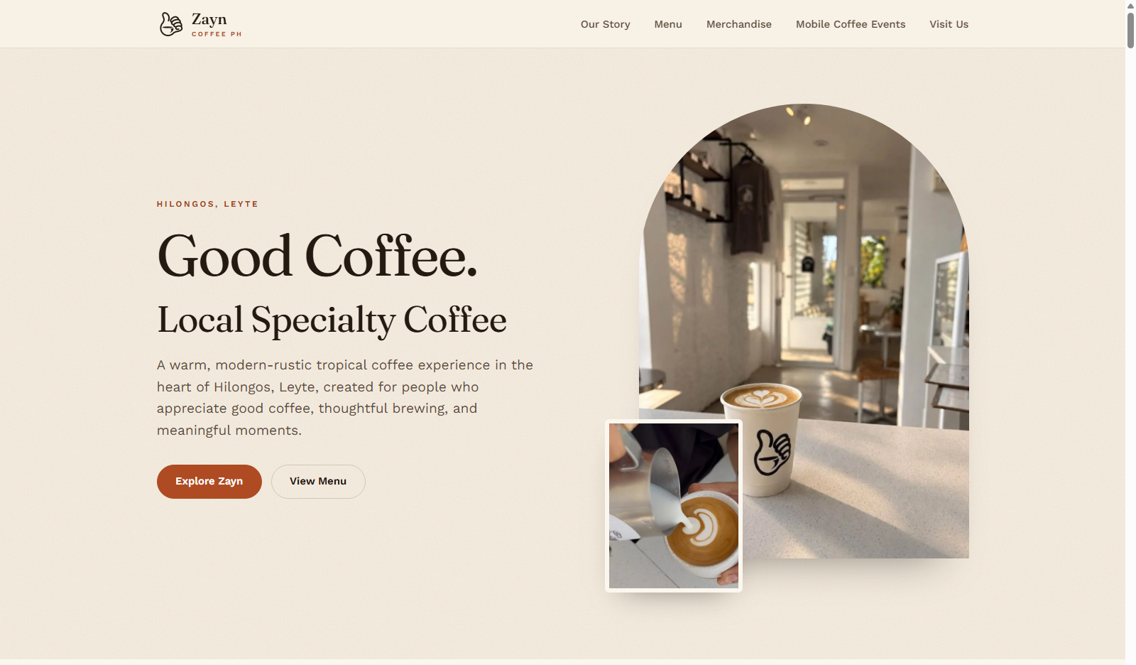 Zayn Coffee PH homepage hero, showing the cafe's interior and a cup of coffee with the Zayn Coffee logo