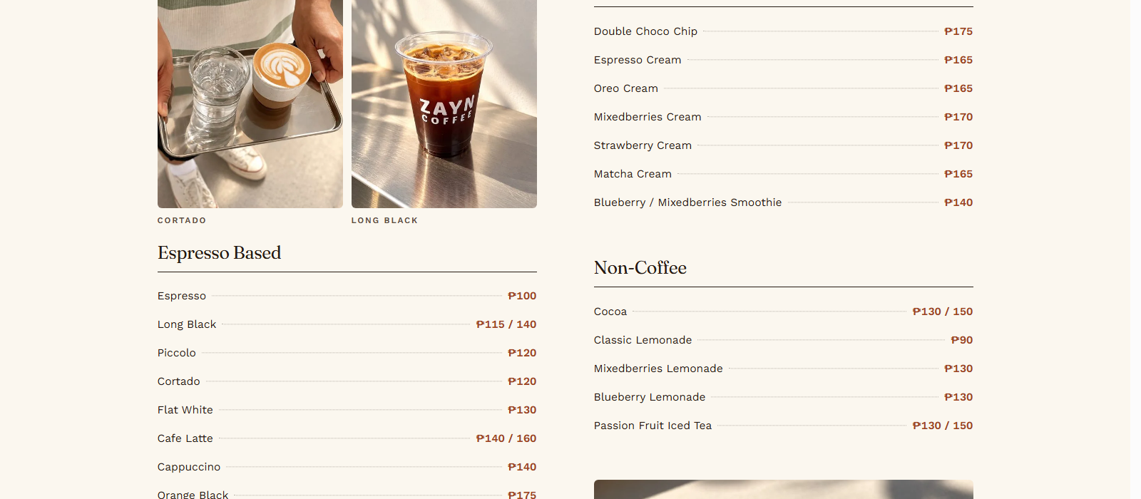 Zayn Coffee PH's digital menu, listing espresso-based drinks, non-coffee options, and prices