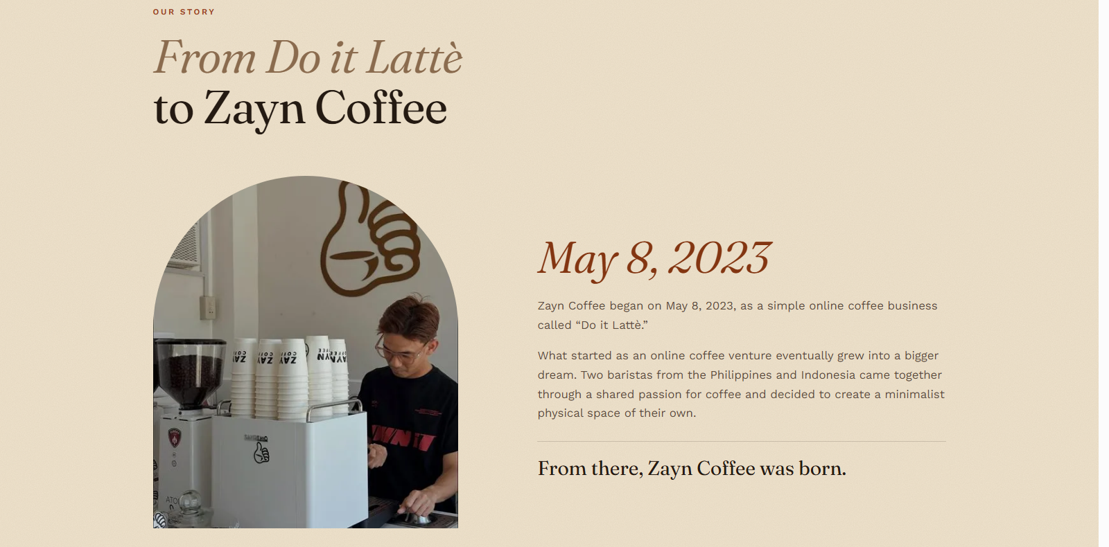 Zayn Coffee PH's Our Story section, telling how the cafe began as an online business called Do it Latte in 2023, with a photo of a barista preparing coffee