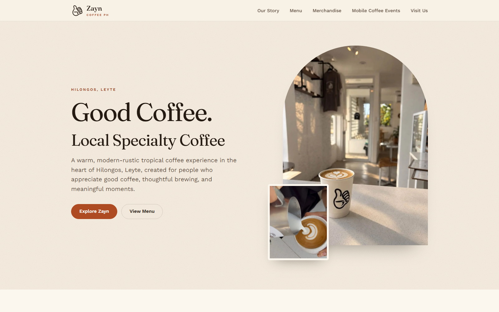 Website for Zayn Coffee PH, a specialty coffee shop in Hilongos, Leyte
